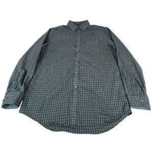 Van Heusen Men's Dress Shirt L 16-16.5 Black Blue White Plaid Cotton Polyester